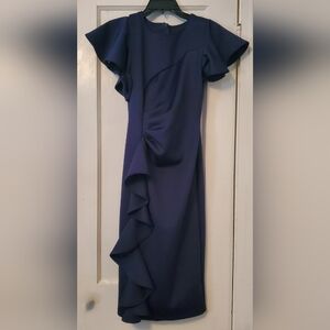 Chic Navy Midi Dress with Ruffle Detail